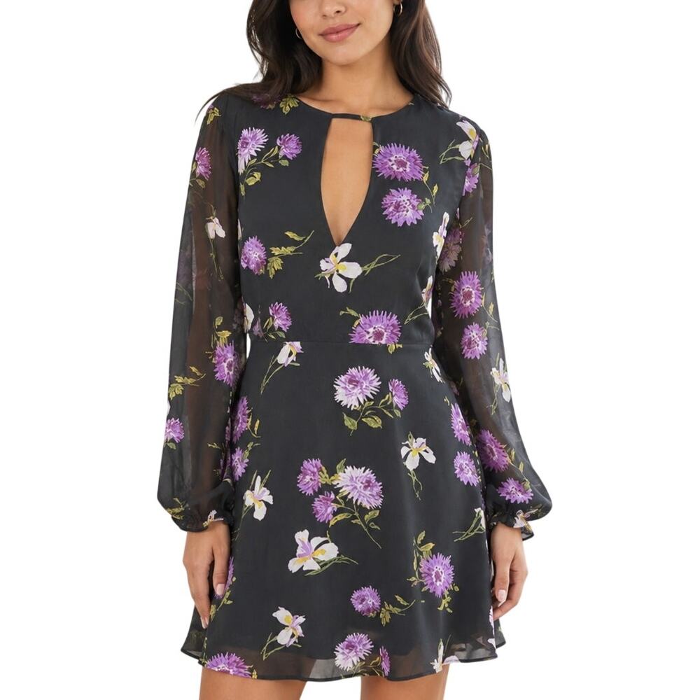 Forever 21 Dark Floral Mini Dress Black Purple Sheer Sleeve Large Whimsigoth